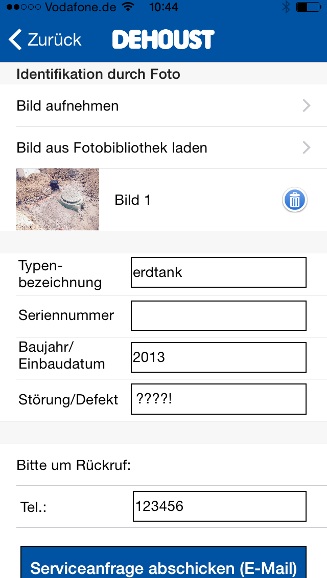 Dehoust App Serviceanfrage