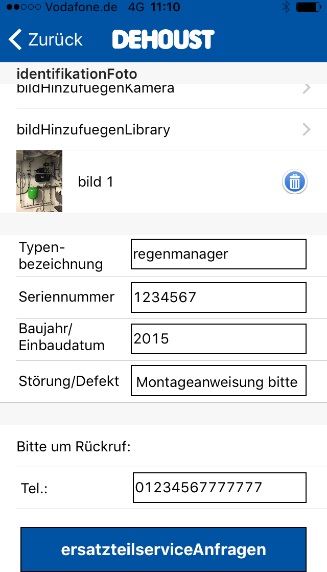 Dehoust App Ersatzteilanfrage