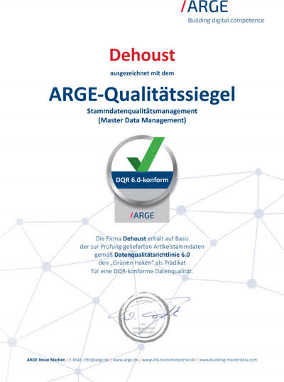 Dehoust ausgezeichnet mit dem ARGE-Qualitätssiegel Stammdatenqualitätsmanagement (Master Data Management) DQR 6.0-konform