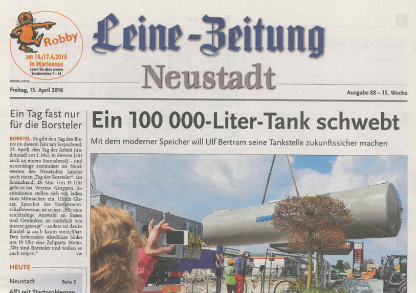 Zeitungsartikel: "Ein 100 000-Liter-Tank schwebt"