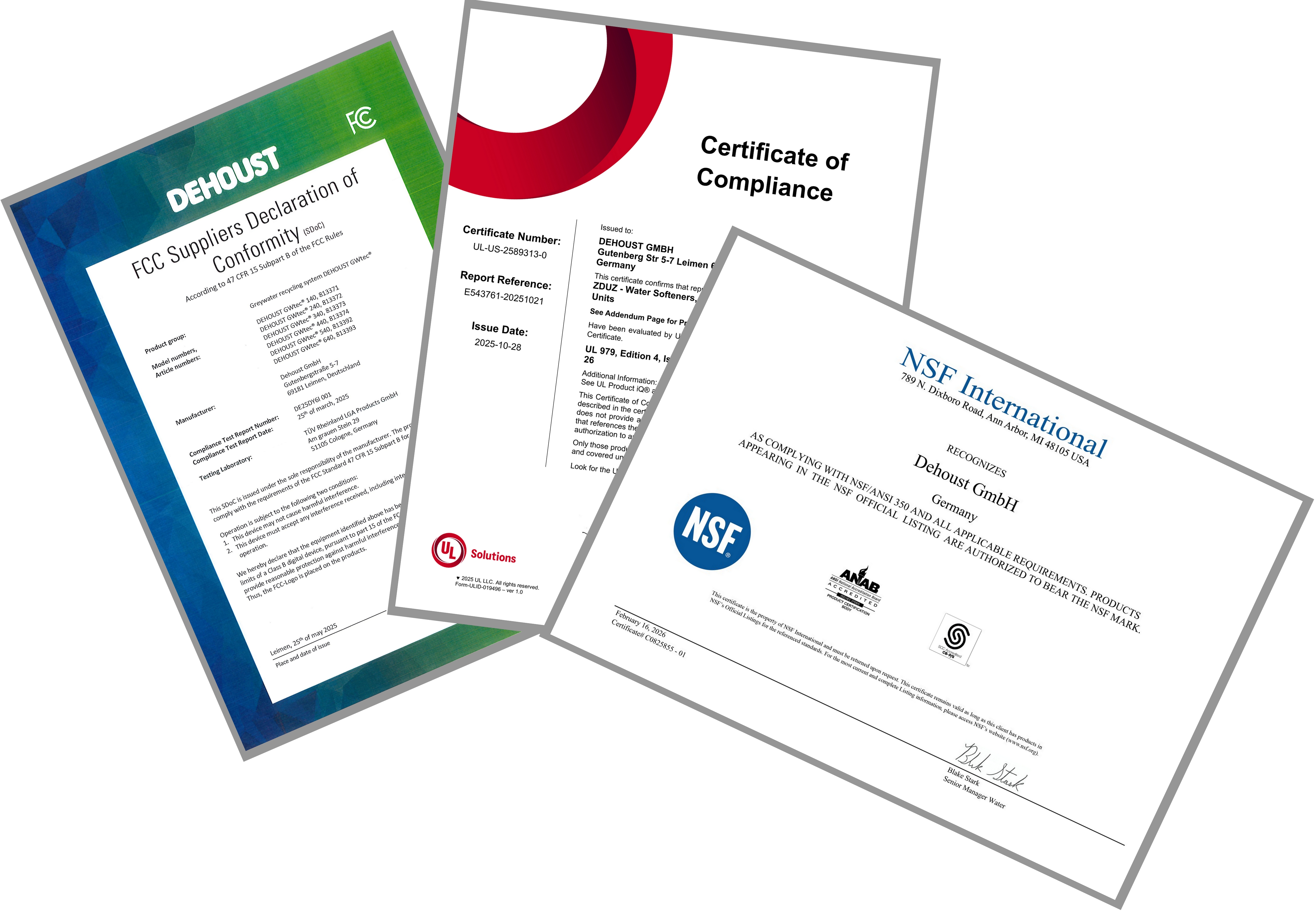 Die GWtec von Dehoust ist gemäß NSF/ANSI 350 Class C, UL 979 und FCC zertifiziert.