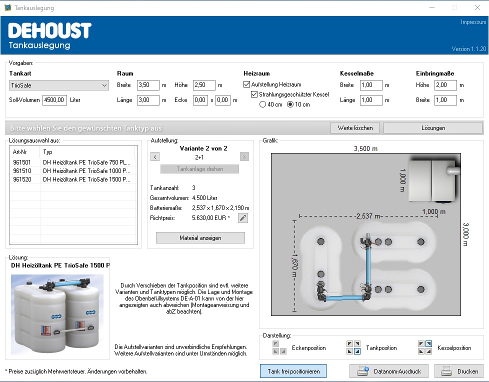 Die Öltankauslegung im Web und in der DEHOUST App zeigt einfach die platzsparenden Lösungen: