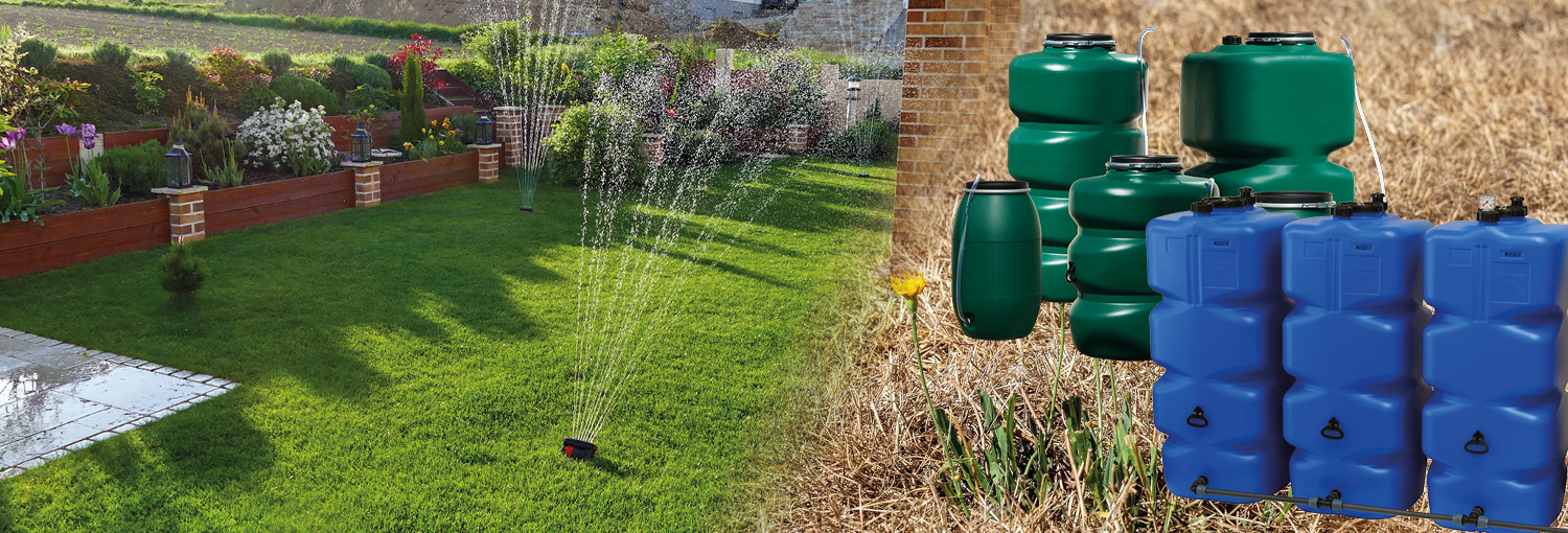 Dehoust Tanks und nebendran ein Garten der mit Gartensprinklern bewässert wird
